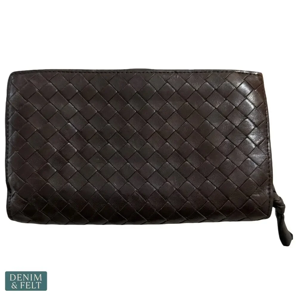 Bottega Veneta Intrecciato Brown Leather Zip Around Wallet Luxury Woven‎ Classic